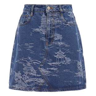 COCOON商场同款时尚裙子设计感图案蓝色短款牛仔半身裙春款