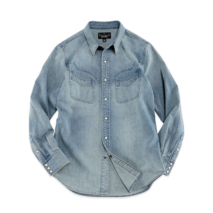 西里布美式复古牛仔衬衫拔染水洗做旧浅色修身长袖工装衬衣非rrl
