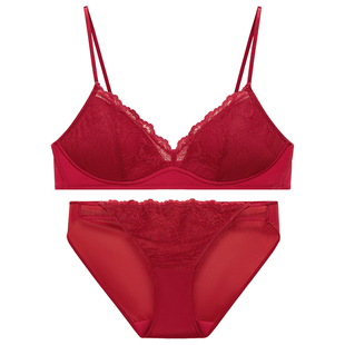 弗利少女法式内衣蕾丝文胸本命年结婚红色小胸真丝软钢圈胸罩套装