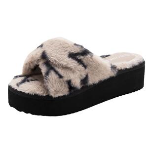 宝人厚底毛毛拖鞋女外穿2025秋冬松糕厚底增高网红交叉款居家棉拖