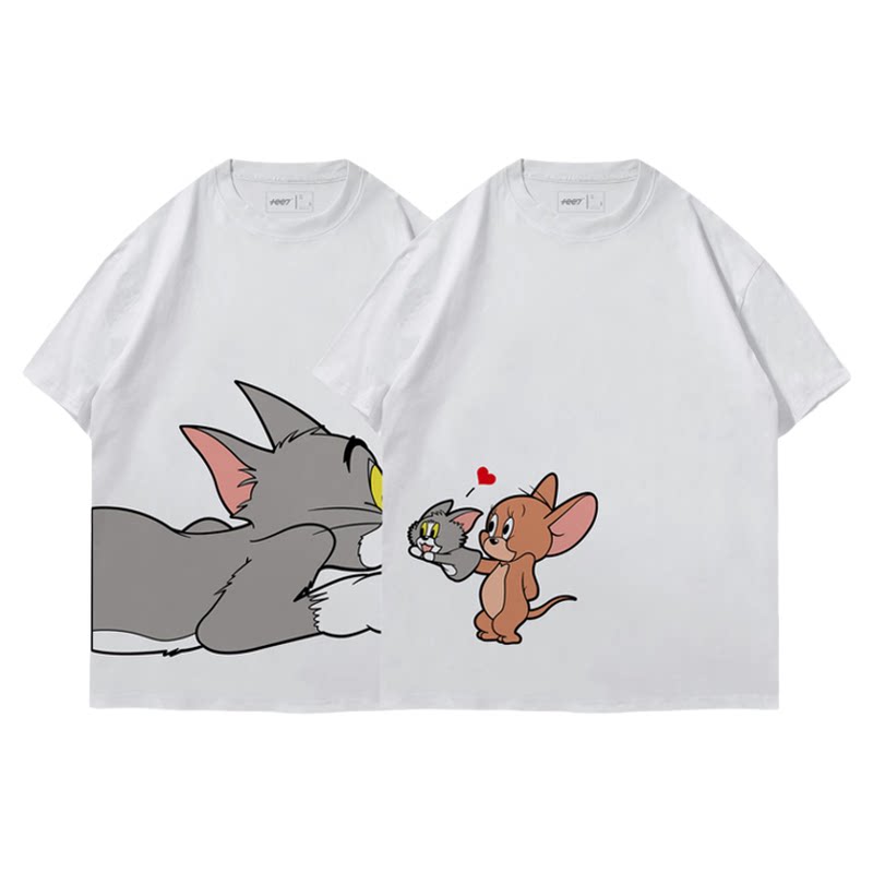 TEE7-七夕情侣猫和老鼠T恤休闲装超萌卡通夏季ins风宽松纯棉短袖