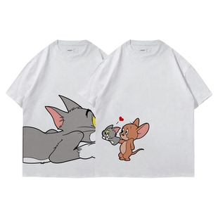 TEE7-七夕情侣猫和老鼠T恤休闲装超萌卡通夏季ins风宽松纯棉短袖