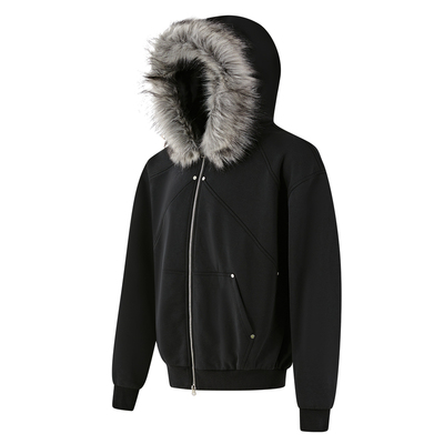 PASET美式复古毛领连帽拉链开衫卫衣秋冬拼接设计感男女潮流外套