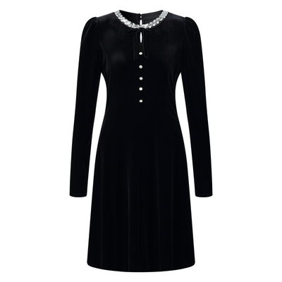 歌莉娅秋季黑丝绒长袖连衣裙女