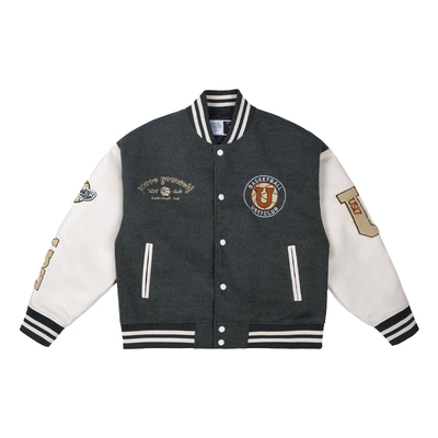 US17刺绣重磅夹克外套皮袖拼接常青藤美式棒球服棉服