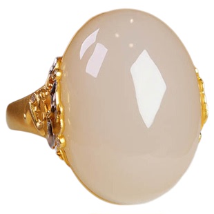 618特惠天然和田玉戒指女藕粉白玉大蛋面镶嵌18k金指环送老婆礼物