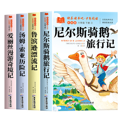 全套4册 快乐读书吧六年级下册必读的课外书正版原著完整版鲁滨逊漂流记汤姆索亚历险记尼尔斯骑鹅旅行记爱丽丝漫游奇境记6下书目