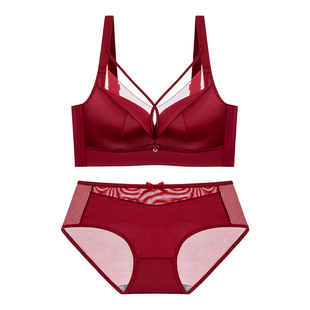 内衣套装女安克拉红小胸聚拢加厚3cm收副乳防下垂光面红色文胸