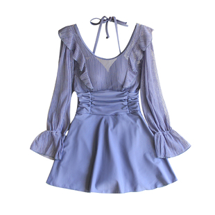 长袖泳衣女连体大码2025年新款遮肚显瘦带钢托小胸聚拢泡温泉泳装