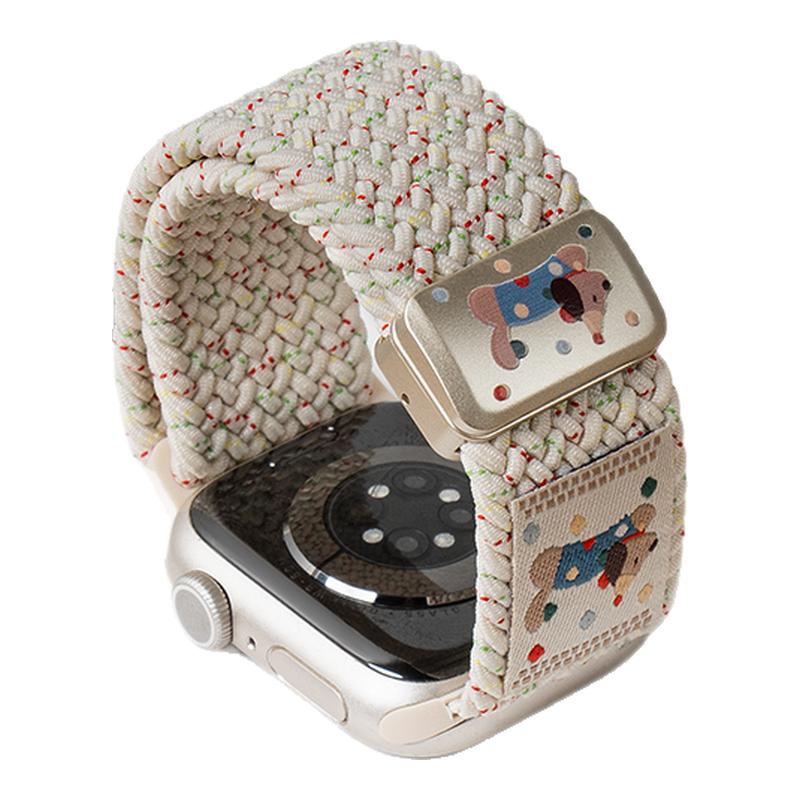 匠戴适用苹果S10手表iwatch10表带applewatch9可爱波点小狗编织10女生尼龙S8夏天S7新款创意S6运动磁吸扣腕带
