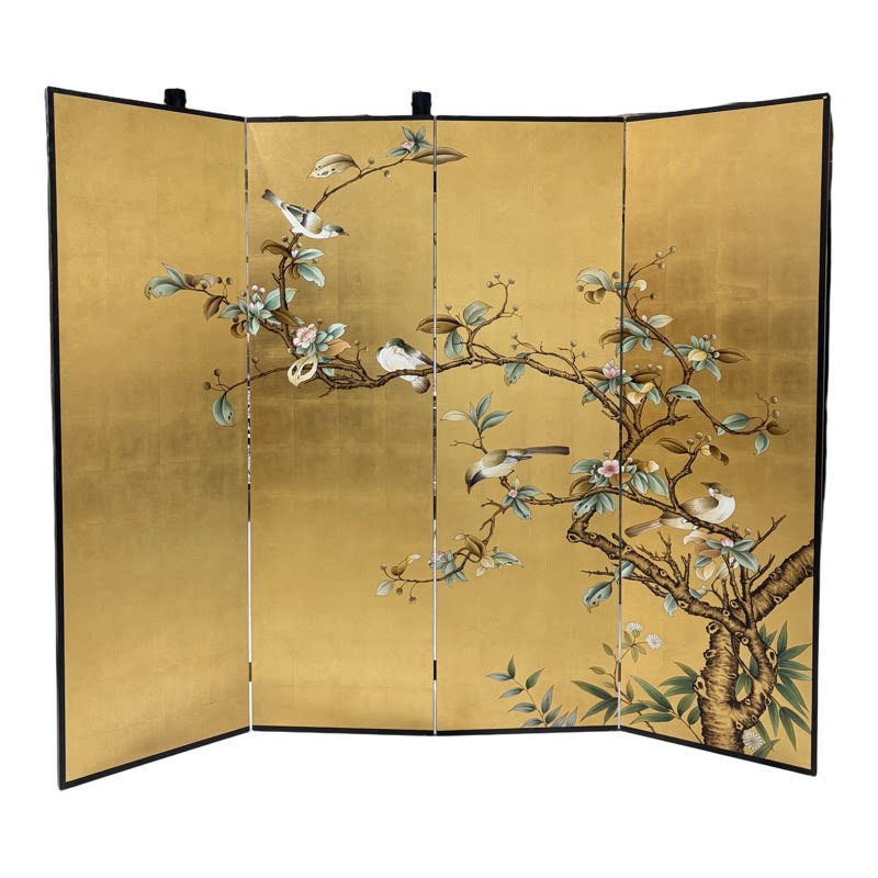 中古风手绘金箔花鸟屏风隔断