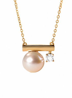 日系单钻平衡木珍珠项链 女纯银镀18K黄金色锁骨链小众设计百搭潮