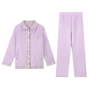 秋鹿毛绒睡衣女冬款羊羔绒保暖可外穿家居服套装长袖长裤拼接外套