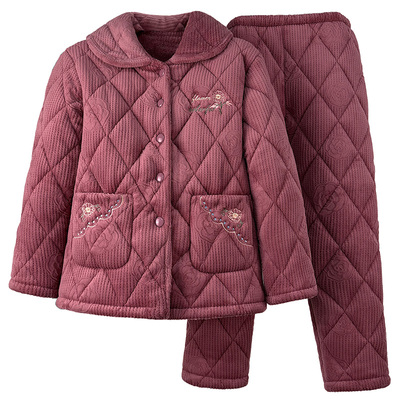 睡衣女士中老年秋冬珊瑚三层夹棉