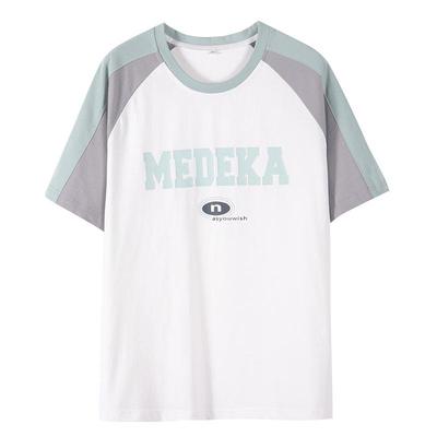 短袖纯棉休闲字母印花撞色拼接