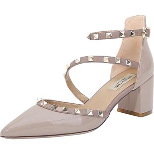 2026新款凉鞋真皮大码女鞋v家铆钉高跟鞋黑色尖头鞋绑带裸色单鞋