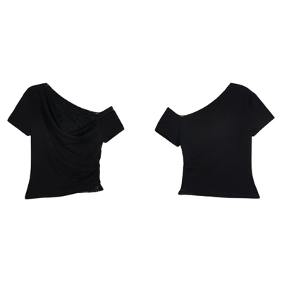 NEVA HU斜领露肩蕾丝拼接短袖t恤女修身气质设计感小众荡领上衣