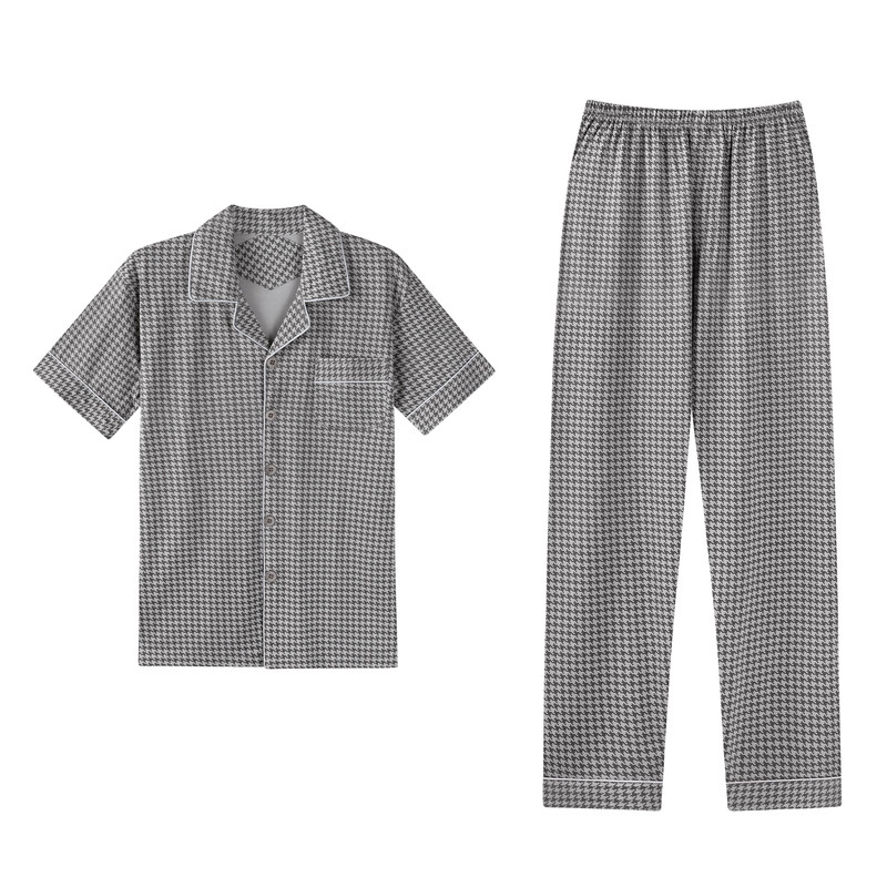 啄木鸟中老年爸爸睡衣男夏季冰丝薄款纯棉短袖大码家居服两件套装