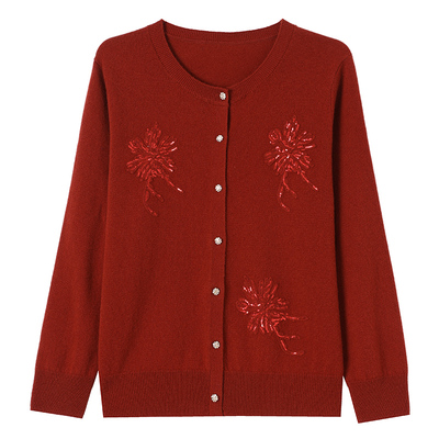 恒源祥100%羊毛开衫女2025新款中老年妈妈装刺绣圆领针织毛衣外套