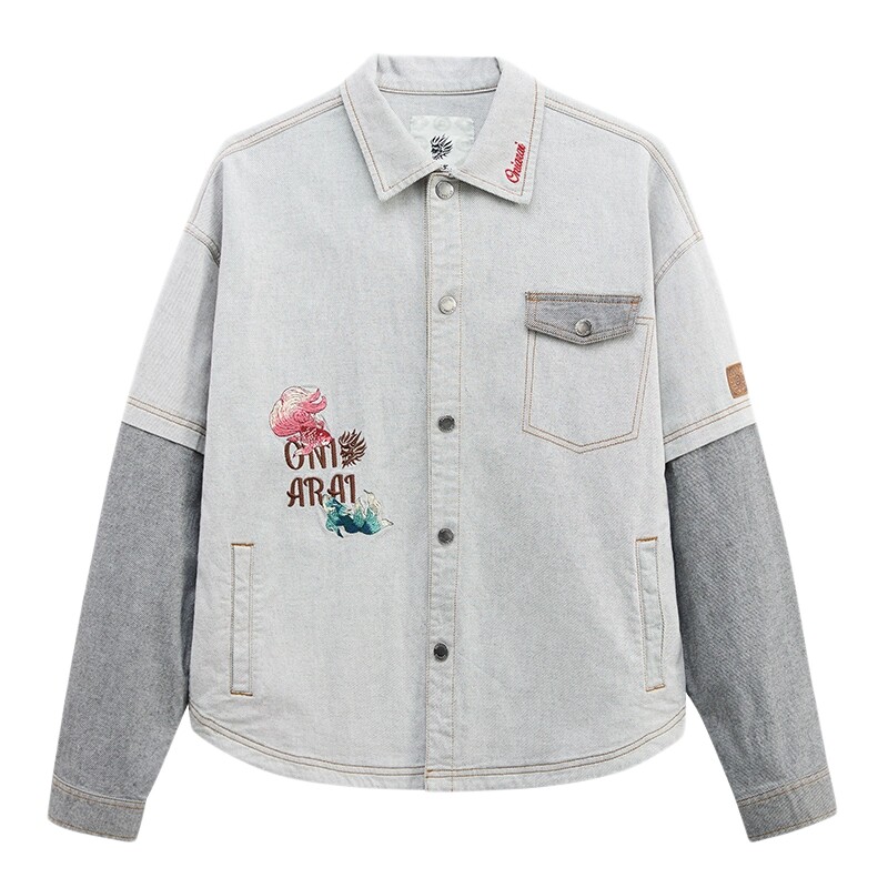 ONIARAI/鬼洗24年春夏新品假俩件金鱼字母复古牛仔衬衫男 B340181