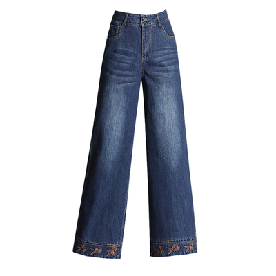 直筒绣花高腰牛仔裤阔腿裤九分