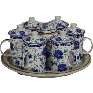 虎匠景德镇陶瓷杯家用带盖杯子复古中国风青花瓷带把客人茶杯套装