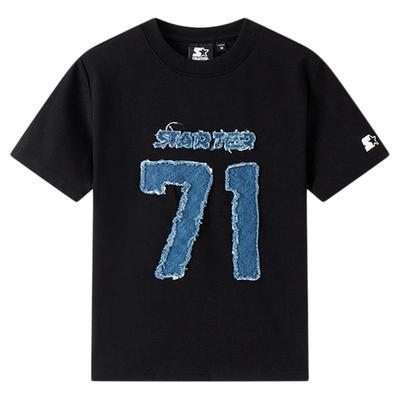 STARTERT恤2025夏季新款女生修身圆领牛仔贴布修身露腰短款上衣