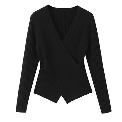 设计感交叉v领打底毛衣女秋冬微胖mm大码修身内搭纯欲针织衫上衣