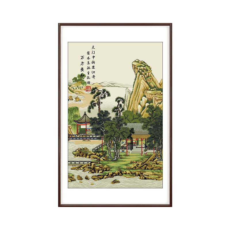 陈枚山水楼阁图手工绣大格满绣