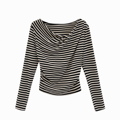 不规则条纹斜肩一字领长袖t恤女