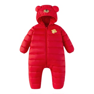 巴拉巴拉宝宝羽绒服连体衣婴儿爬服秋冬款童装新生儿抱衣红色衣服