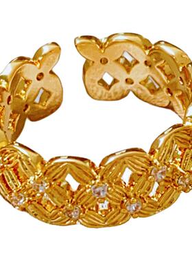 金色锆石花丝钱币开口戒指高级感