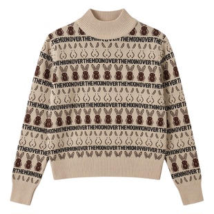 韩版祖母风几何图案毛衣女圆领套头针织衫通勤穿搭时尚百搭上衣女