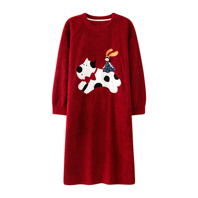 带胸垫睡裙女冬季加厚半边绒2025新款条纹珊瑚绒长款女士保暖睡衣