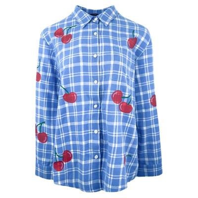 地球店蓝色格子樱桃印花长袖衬衫