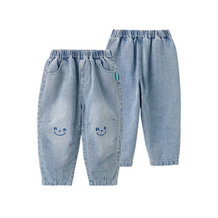 博睿恩儿童牛仔裤2026春新款男女宝宝百搭笑脸软牛仔长裤