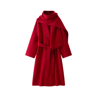 纯欲风贵气车厘子红深红色中长款加厚新年结婚羊绒大衣外套
