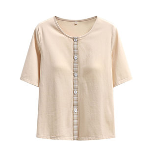 中袖开衫带胸垫上衣五分袖前开扣中老年术后放疗穿的衣服