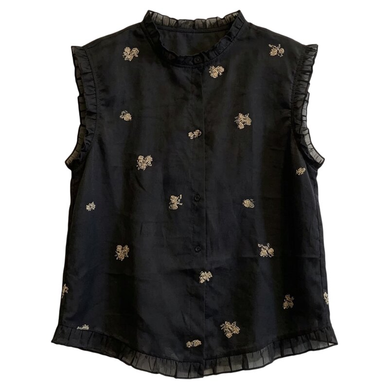 木耳边网纱刺绣无袖衬衫女欧洲站