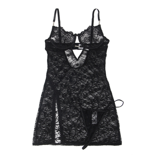 女士性感吊带睡衣高级感钢圈蕾丝透视大码胖妹妹诱惑红色侧开短裙