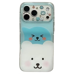 Color Block Shy Bear Light Blue Large Window Phone Case 适用 iPhone 17 Pro 16 15 14 Shockproof Cover