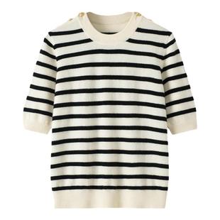 阿绒源官方旗舰店新品 羊绒衫女100纯山羊绒半袖黑白夹条减龄短袖