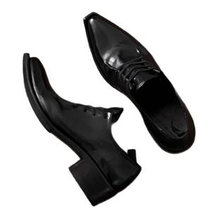 男女绑带尖头单鞋增高低帮情侣方头休闲暗黑巫师鞋粗跟翘头小皮鞋