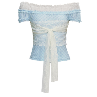 【现货】易碎商店·绀间诗络原创一字肩绑带网纱蕾丝格子短袖上衣