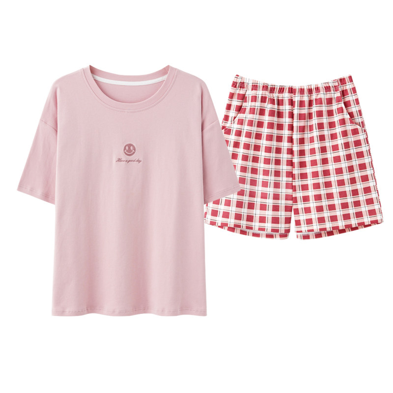 夏季纯棉女士可外穿笑脸睡衣套装