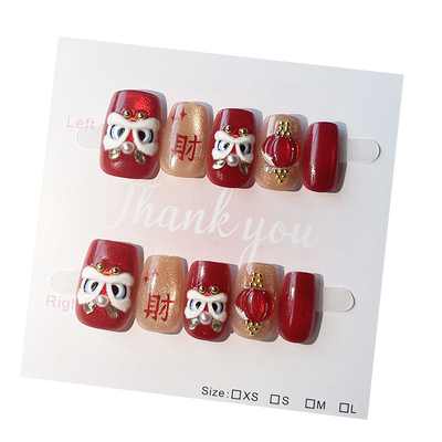 新年红色猫眼醒狮穿戴甲美甲贴片2026春节战甲指甲贴片短款半手工