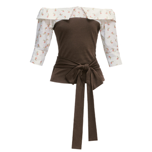 【现货】易碎商店·花想容碎花拼接假两件绑带衬衫一字肩短袖上衣