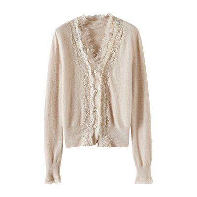 气质蕾丝边流苏V领羊绒开衫女100纯山羊绒毛衣针织外套短款打底衫
