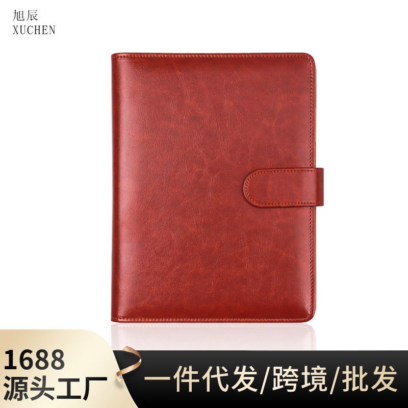 厂家批发记事本A5活页本商务带扣带卡位红皮面会议记录本办公b5