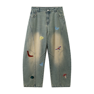 江南先生NewJNXS 野生无限cleanfit图案刺绣牛仔裤男女宽松弯刀裤
